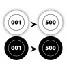 1000 autocollants en vitrophanie (2 x 500 ex), 3 cm Ø, données variables, livrés sur planches